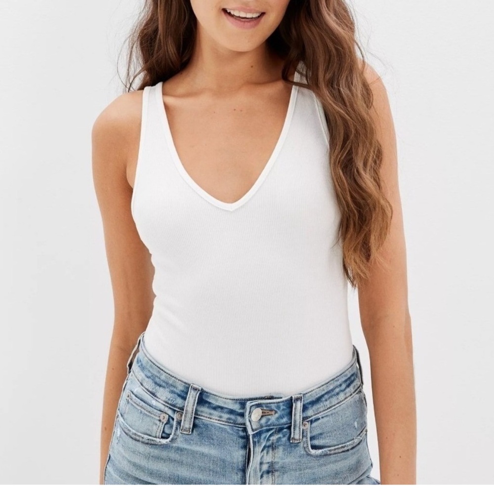 American Eagle White Ribbed Bodysuit XL